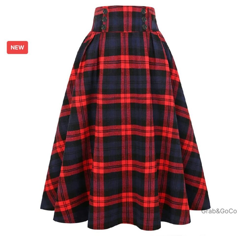 Plaid Pleated Midi Skirt High Waist A-Line Vintage Y2K Chic Casual - Picture 1 of 8